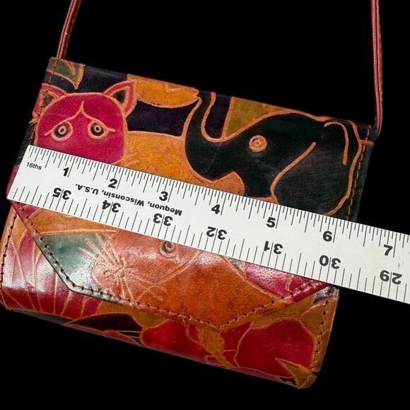 Vtg Leather Crossbody Bag Mirror Hand Painted Animals Floral Artsy Boho - Picture 5 of 13
